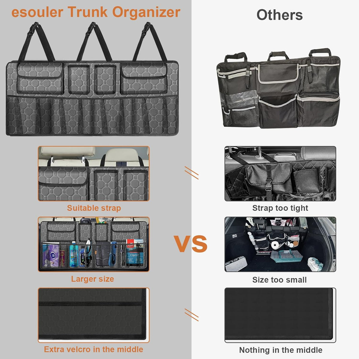 esouler Car Trunk Organizer, Super Capacity Backseat Car Organizer for SUV/Truck/MPV(42"*18"), Hanging Car Storage Organizer with 8 Pocekts, Car Accessories for Women and Men- Black