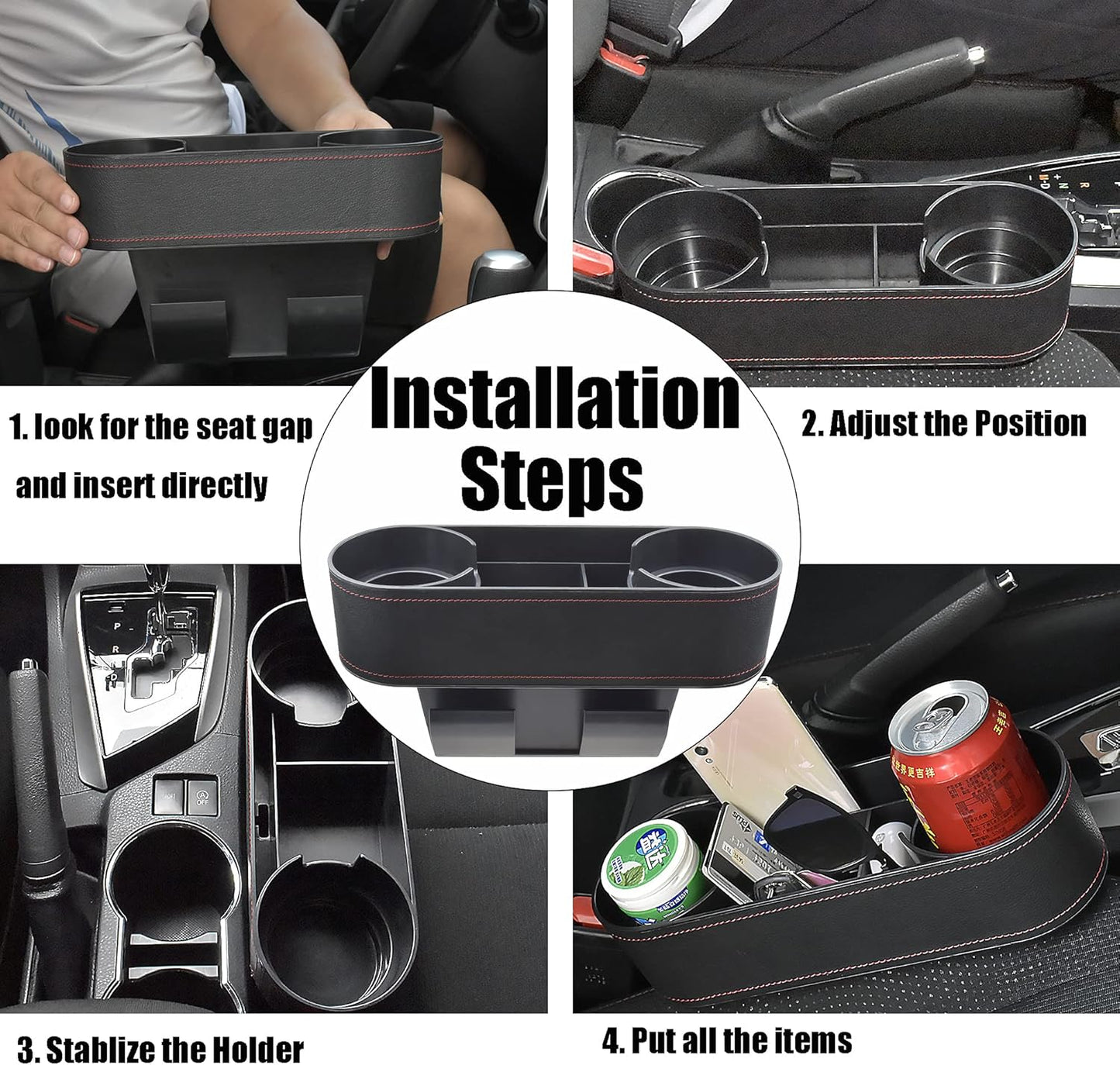 IOKONE Car Cup Holder, Auto Cup Drink Holders，Multifunctional Auto Front Seat Organizer with PU Leather Cover, Gap Filler Storage Box Coin Bucket Console Side Pocket Cell Mobile Phone Holder (Black)