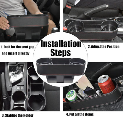 IOKONE Car Cup Holder, Auto Cup Drink Holders，Multifunctional Auto Front Seat Organizer with PU Leather Cover, Gap Filler Storage Box Coin Bucket Console Side Pocket Cell Mobile Phone Holder (Black)