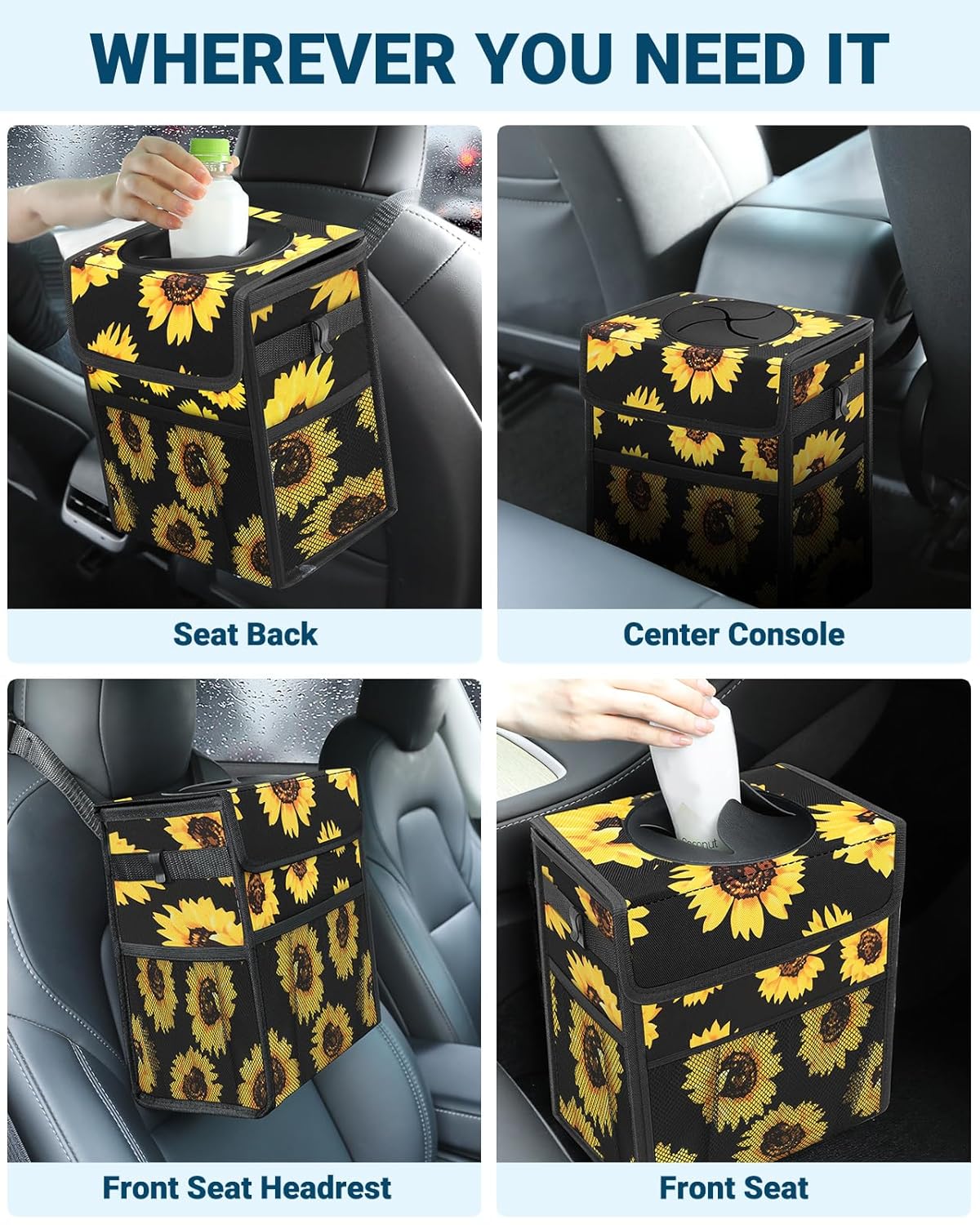 Capolo Car Trash Can with Lid, Leakproof Car Trash Bag Hanging Waterproof Automotive Garbage Can with Storage Pockets Mini Vehicle Trash Bin for Back/Front Seat(Black,2.5 Gallon)