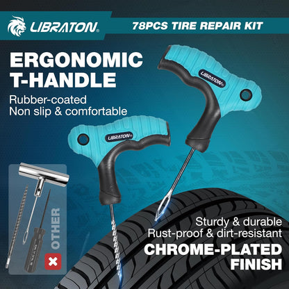 Libraton Tire Repair Kit, 78PCS Tire Plug Kit Heavy Duty Professional Repair Tools to Fix Punctures and Plug Patch Flats, Tubeless Tire Patch Kit for Car, Motorcycle, ATV, SUV, Truck, Tractor, Trailer