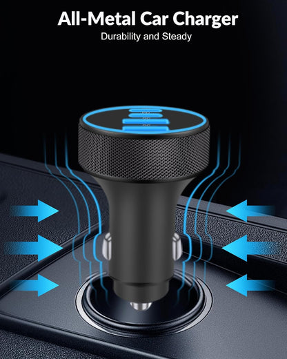 iPhone 17 16 15 Car Charger Fast Charging, 90W 4-Port USB C Fast Car Charger Cigarette Lighter Adapter with 240W 3FT USB-C Cable for iPhone 17/Air/17 Pro/17e/16/15 Pro Max/Plus/16e, iPad, Android