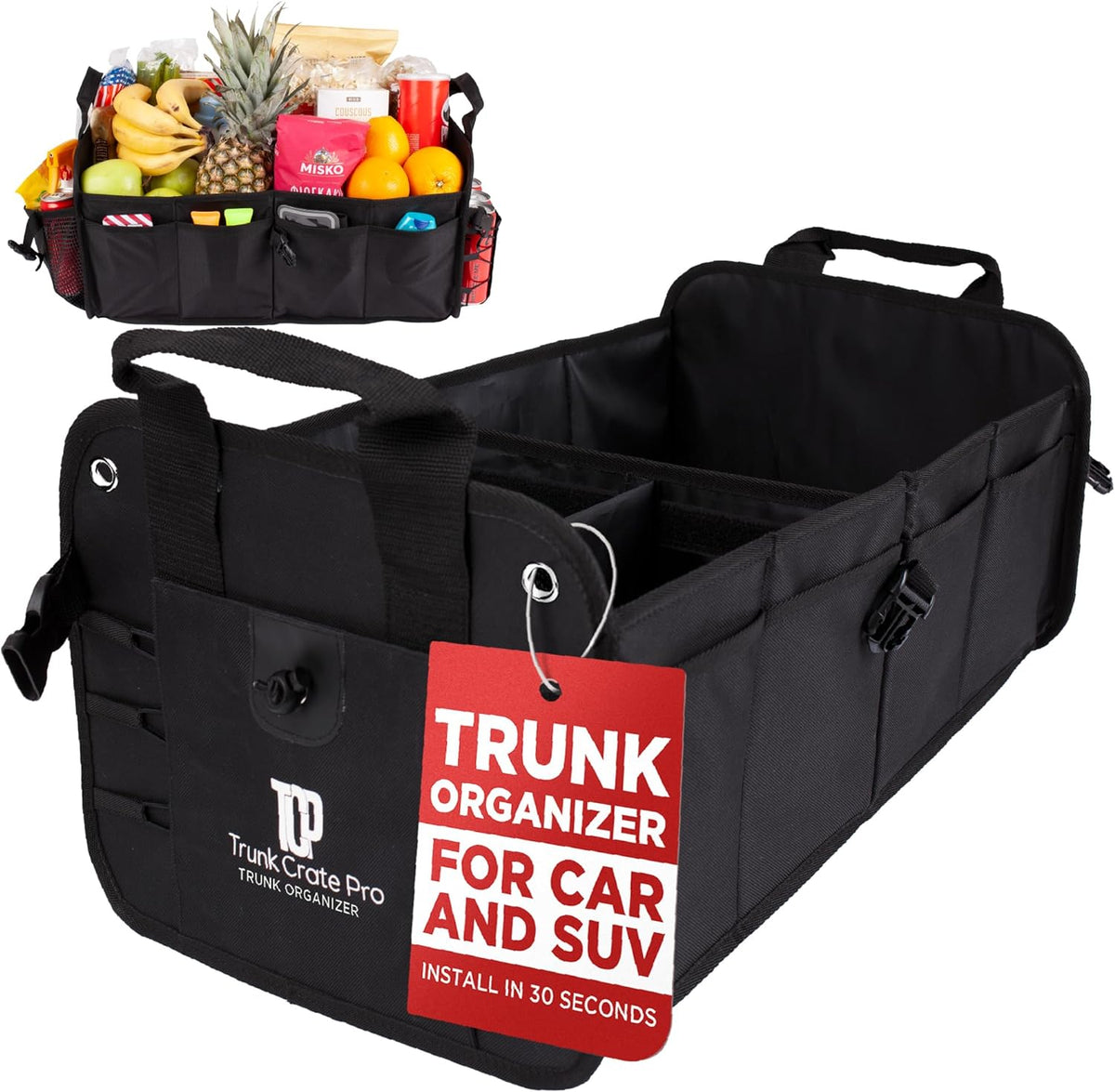 TRUNKCRATEPRO Trunk Organizer For Car, Suv, Truck | Premium Adjustable Multi Compartments Collapsible Car Trunk Organizer With Securing Straps & Non-Slip Bottom (Large Size, Black)