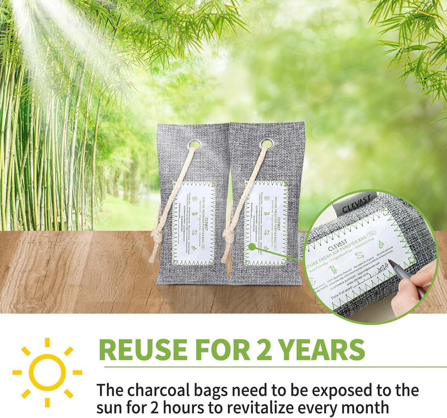 CLEVAST Bamboo Charcoal Air Purifying Bags - (Large, 4×200g), Removes Odors and Moisture, Nature Fresh Air Purifier Bags, Odor Eliminator for Home, Car, Pets, Bathroom, Basement