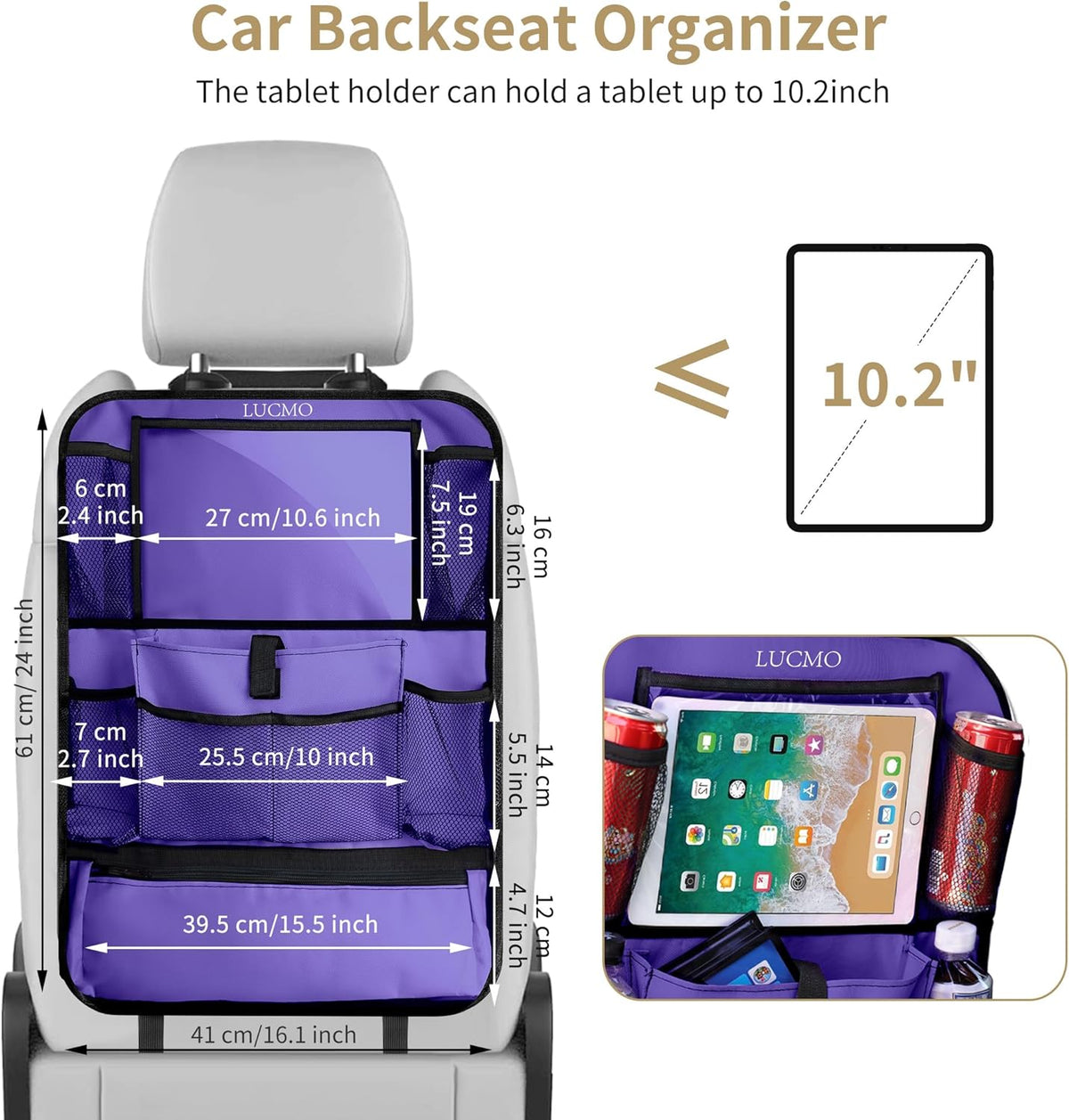 LUCMO Car Backseat Organizer with Tablet Holder,6 Storage Pockets Car Storage Organizer with Foldable Food Tray,Protectors Kick Mats Travel Accessories-Black