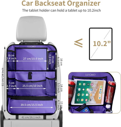 LUCMO Car Backseat Organizer with Tablet Holder,6 Storage Pockets Car Storage Organizer with Foldable Food Tray,Protectors Kick Mats Travel Accessories-Black