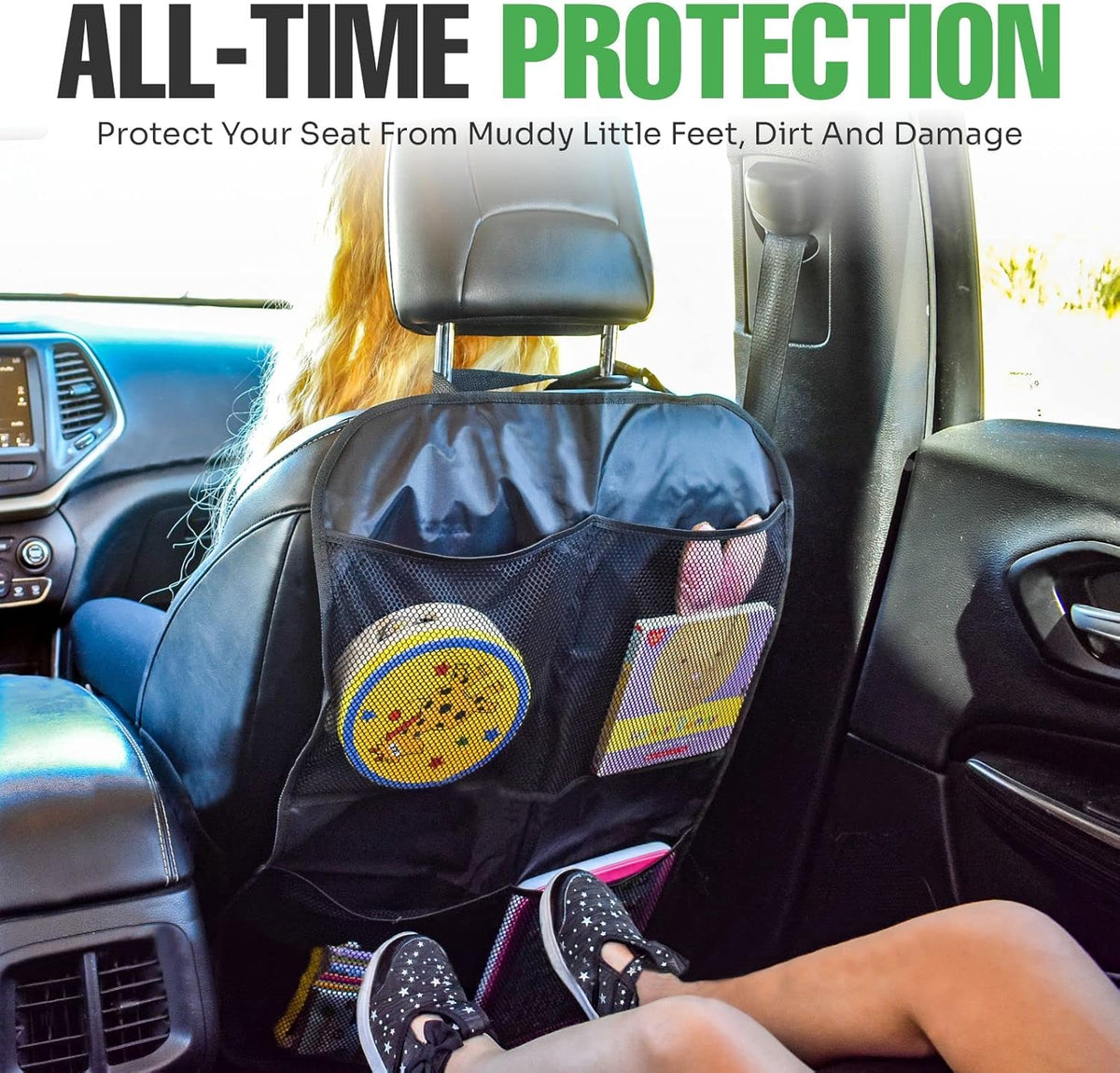 lebogner Back Seat Cover For Kids + 3 Pocket Storage Organizer, 2 Pack X-Large Waterproof Kick Mats Backseat Protector, Car Seat Back Protectors For Vehicles To Protect From Dirt, Mud & Scratches