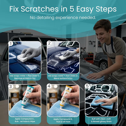 Car Scratch Remover Kit for Vehicles. Perfect for Car Clear Coat Repair, Wax Removal & Erase Scratches. Includes Buffing Pad, Filling/Polish Rubbing Compound, & Polishing Cloth