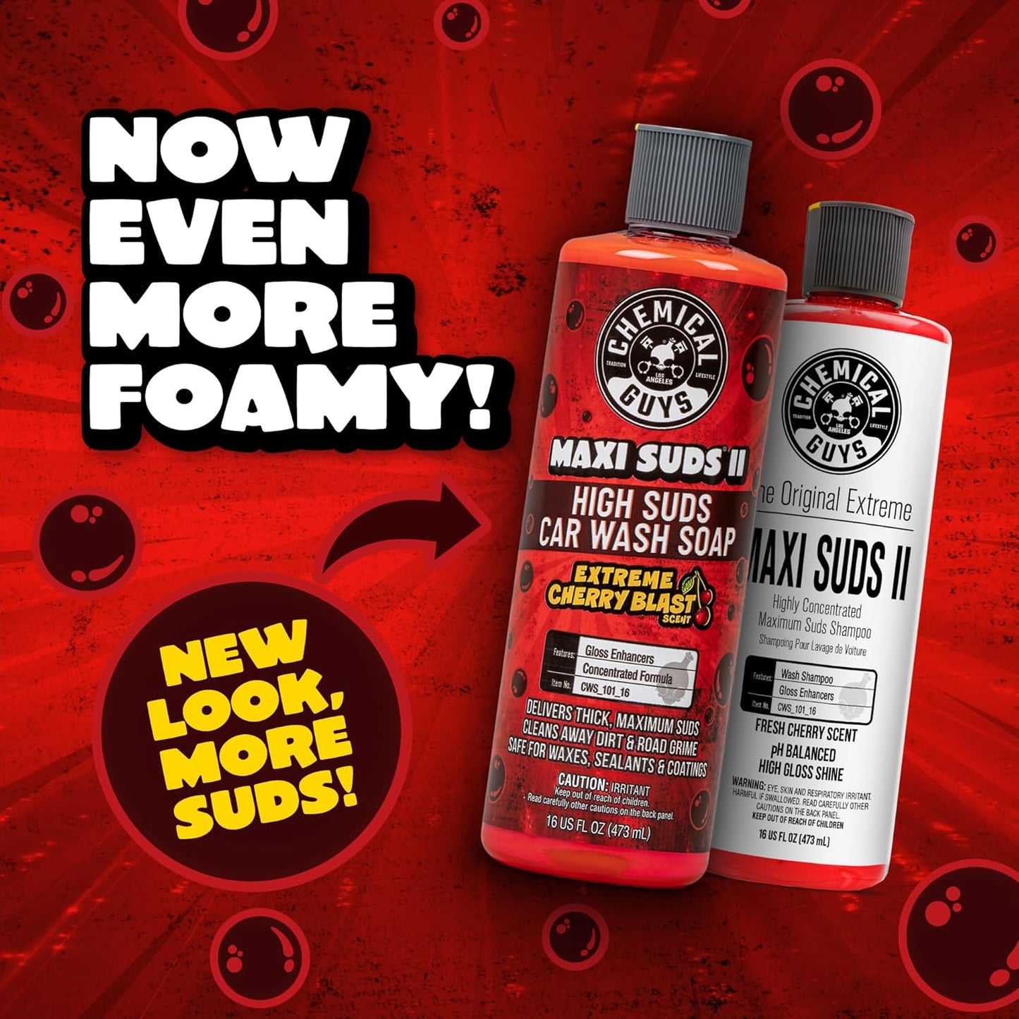 Chemical Guys Maxi Suds II Foaming Car Wash Soap – High Foam Car Wash Soap, Cherry Scent Shampoo and Gloss Booster for Foam Cannons, Guns or Buckets – Gentle, Safe for Trucks, SUVs, and RVs, 64 oz