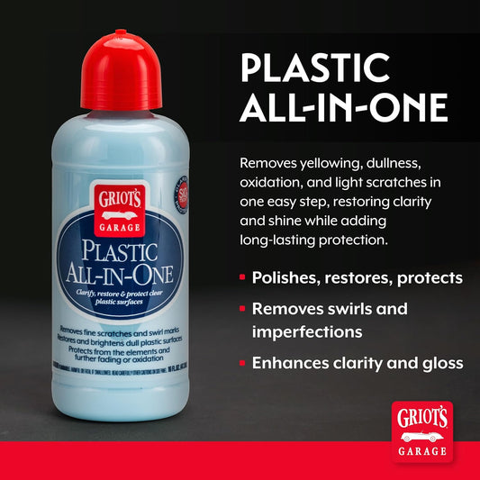 Griot's Garage Plastic All-in-One, Polish, Restore, and Protect Vehicle Lights, Gauges, B-Pillars, Windscreens and More, Ceramic Infused Protection, 16oz, 10872