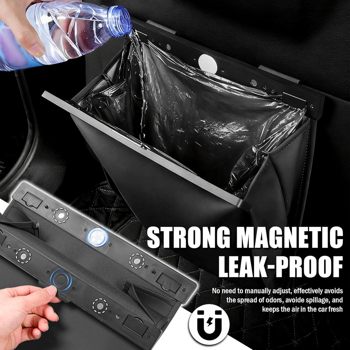 LED Car Trash Can Leak-Proof,Strong Magnetic Fast Closing Car Trash Bin as Cars Organizers and Storage,Cars Garbage Can with Automotive Trashs Bag for Backseat,Console,Door