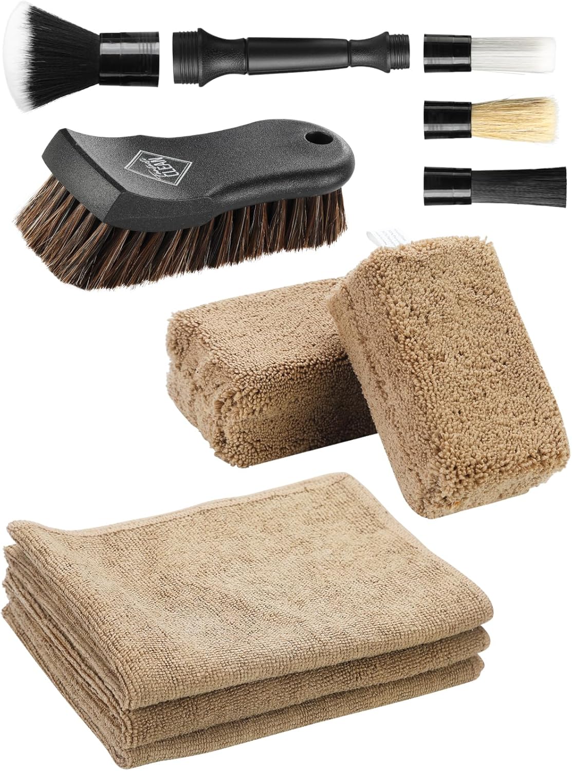 Fantasticlean 9PCS Car Interior Detailing Set, Microfiber Cloth & Applicator, Single-Head Detailing Brushes, Natural Bristles, Scratch-Free & Ultra-Soft for Seats Leather Care or Cleaning