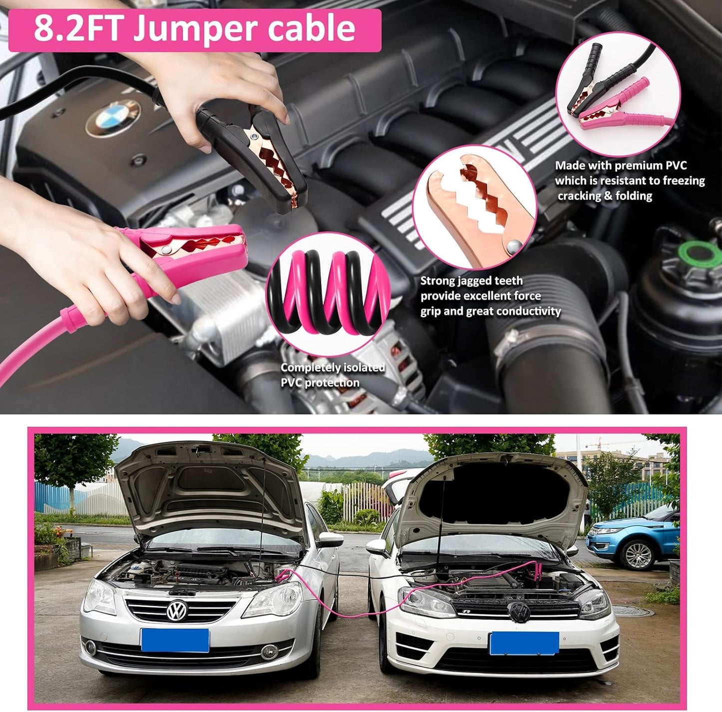 Car Roadside Emergency Kit - Pink Roadside Assistance Emergency Kit with Jumper Cables, Auto Tool Set, Deer Whistles, Winter Car Safety Roadside Assist Kit for Teen Girl and Ladies