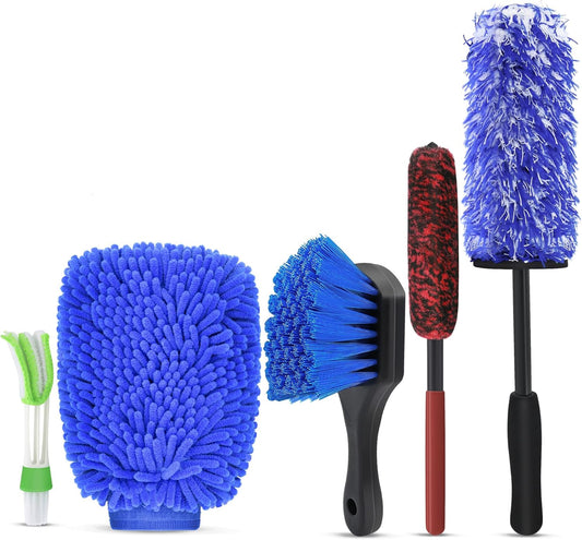 4 Pack Car Wheel Brush Kit - Soft, Scratch-Free Microfiber & Synthetic Wool Cleaning Brushes for Tires, Rims, Fenders, Engine, Exhaust Tips