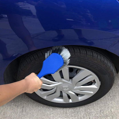 Wheel & Tire Brush for Car Rim, Soft Bristle Car Wash Brush, Cleans Tires & Releases Dirt and Road Grime, Short Handle for Easy Scrubbing Black