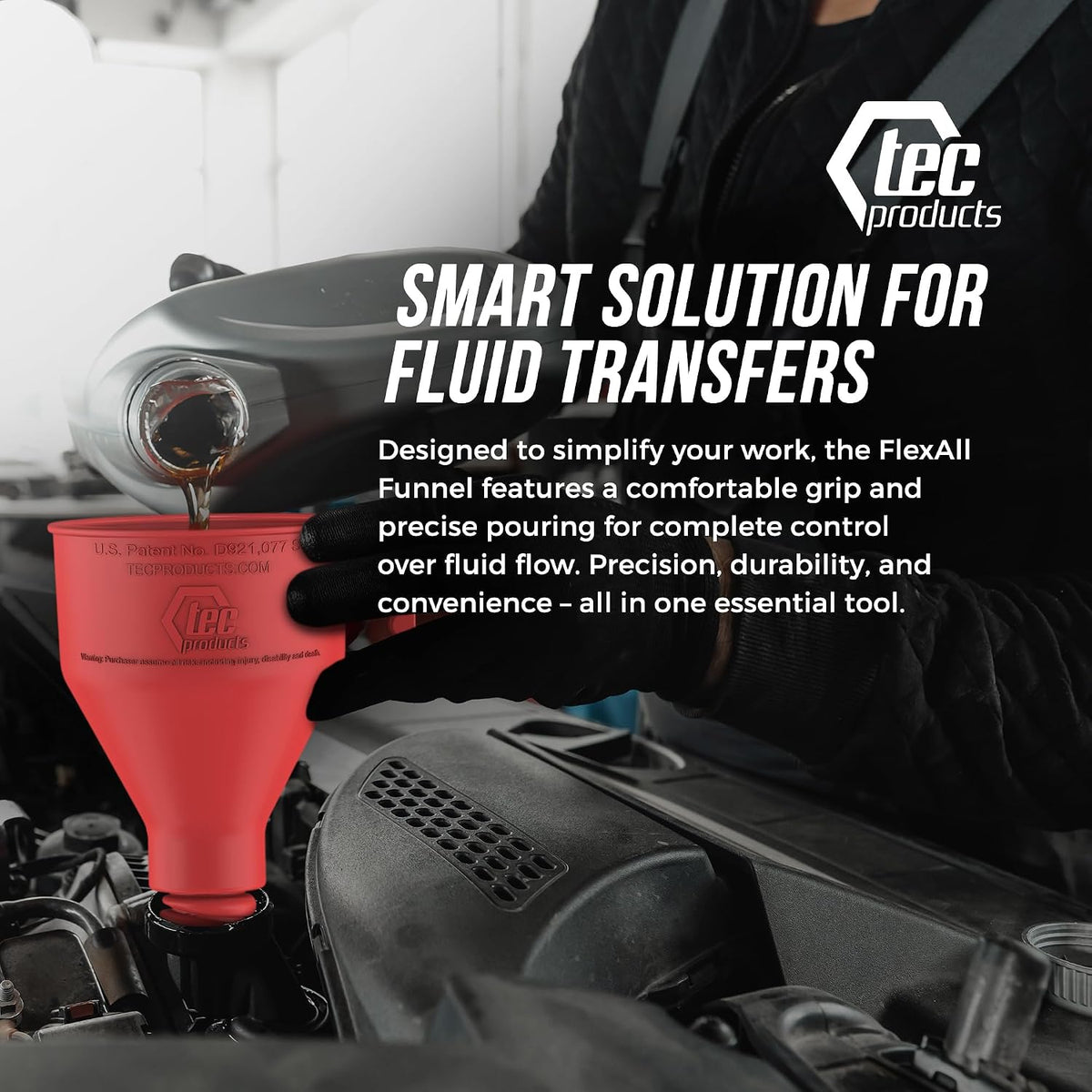 TEC Products FlexAll Long Flexible Funnels - Automotive Oil Funnel with Hose, Durable Nitrile Rubber for Oil Change, Transmission Funnel Fluid, Diesel, Fuel, Gas - Made in USA - Red (16 x 5 Inches)
