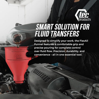 TEC Products FlexAll Long Flexible Funnels - Automotive Oil Funnel with Hose, Durable Nitrile Rubber for Oil Change, Transmission Funnel Fluid, Diesel, Fuel, Gas - Made in USA - Red (16 x 5 Inches)