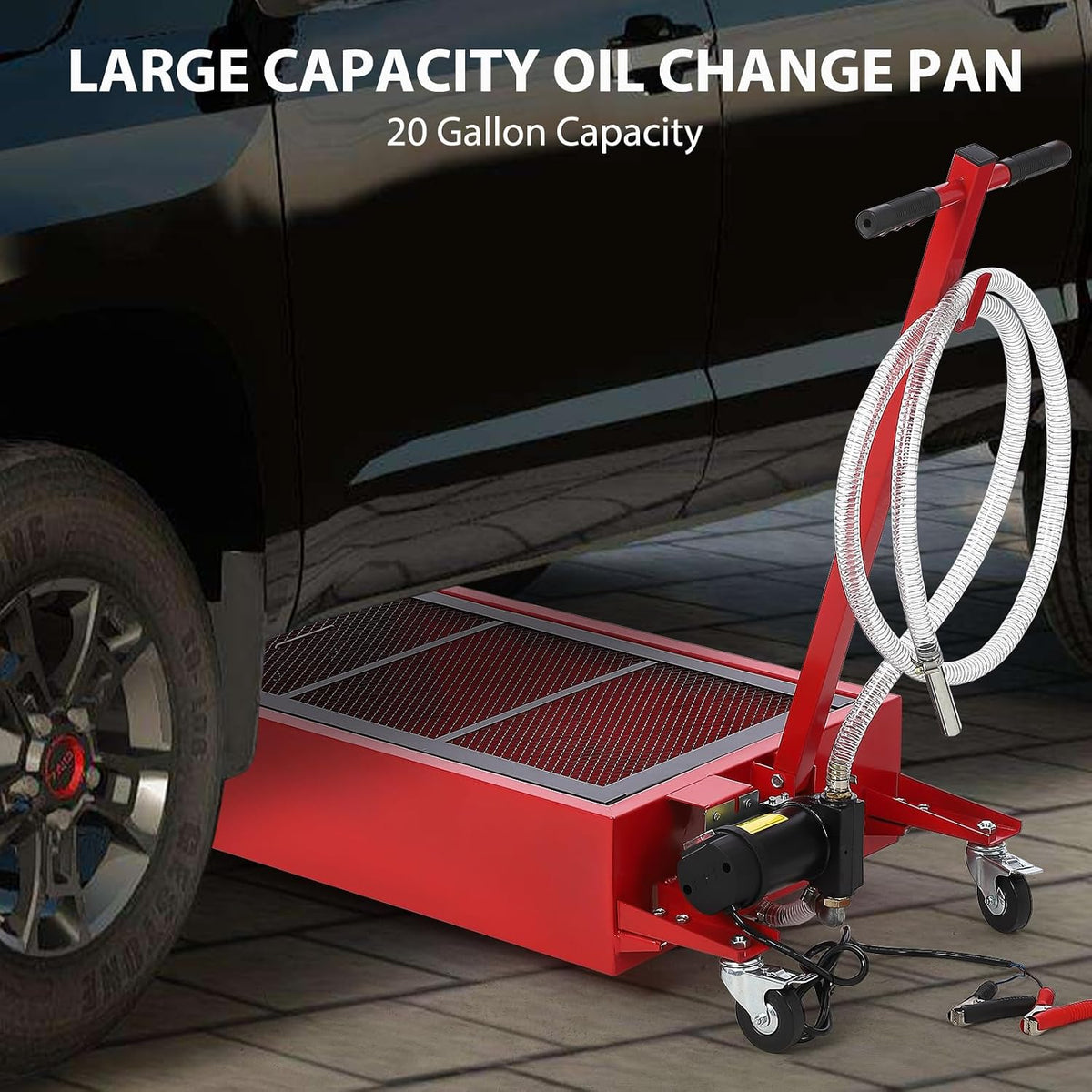 Garvee 20 gal Oil Drain Pan Oil Drain Tank, 76 L Low Profile Oil Drain Pan, Large Capacity Oil Change Pan with Manual Pump & T Foldable Hand and Wheels, 8 ft Hose Oil Drain Cart for Car, SUV, Trucks