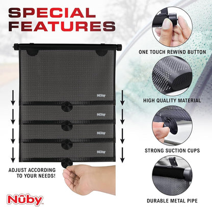 Nuby 14" Roller Vehicle Side Window Sun Protection Shade for Baby | 2 Pack | Pull Down with Suction Cups and Press Button Roll Up | Black