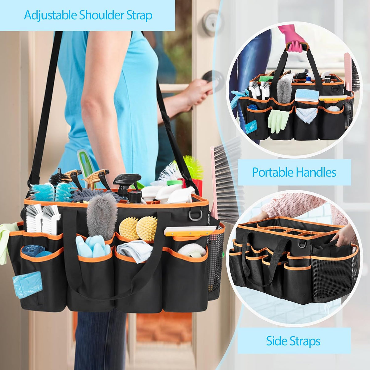 HODRANT Extra-Large Wearable Cleaning Caddy, Organizer Bag for Products, Housekeeper Tote With Pad, Handle & Divider, Car Wash Tools Bag for Detailing Supplies, Gray Edge