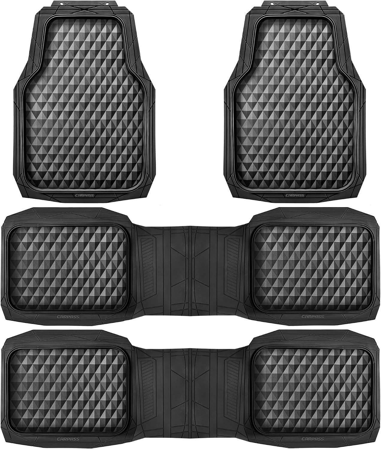 CAR PASS Heavy Duty Rubber Car Mats, Deep Dish All-Weather Floor Mat for Car Full Set Durable Anti-Slip 3D Rhombus Waterproof Trim to Fit Liner Universal Fit Automotive,Sedan,SUV,Truck, 3 Piece Black