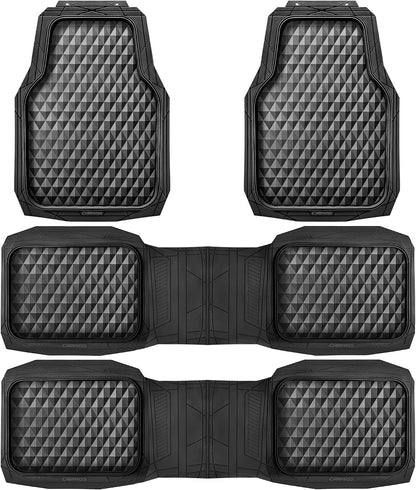 CAR PASS Heavy Duty Rubber Car Mats, Deep Dish All-Weather Floor Mat for Car Full Set Durable Anti-Slip 3D Rhombus Waterproof Trim to Fit Liner Universal Fit Automotive,Sedan,SUV,Truck, 3 Piece Black