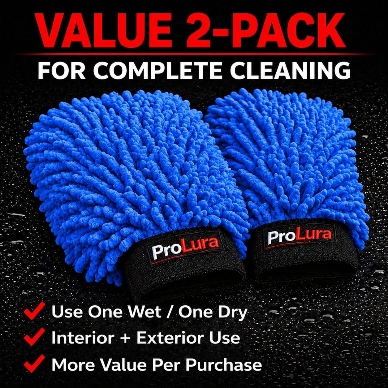 Microfiber Car Wash Mitt 2 Pack, Chenille Scratch-Free Wash Gloves, Ultra Soft, Highly Absorbent, 7.1” x 10.2”, Lint-Free, Reusable Auto Cleaning Mitt (Blue)