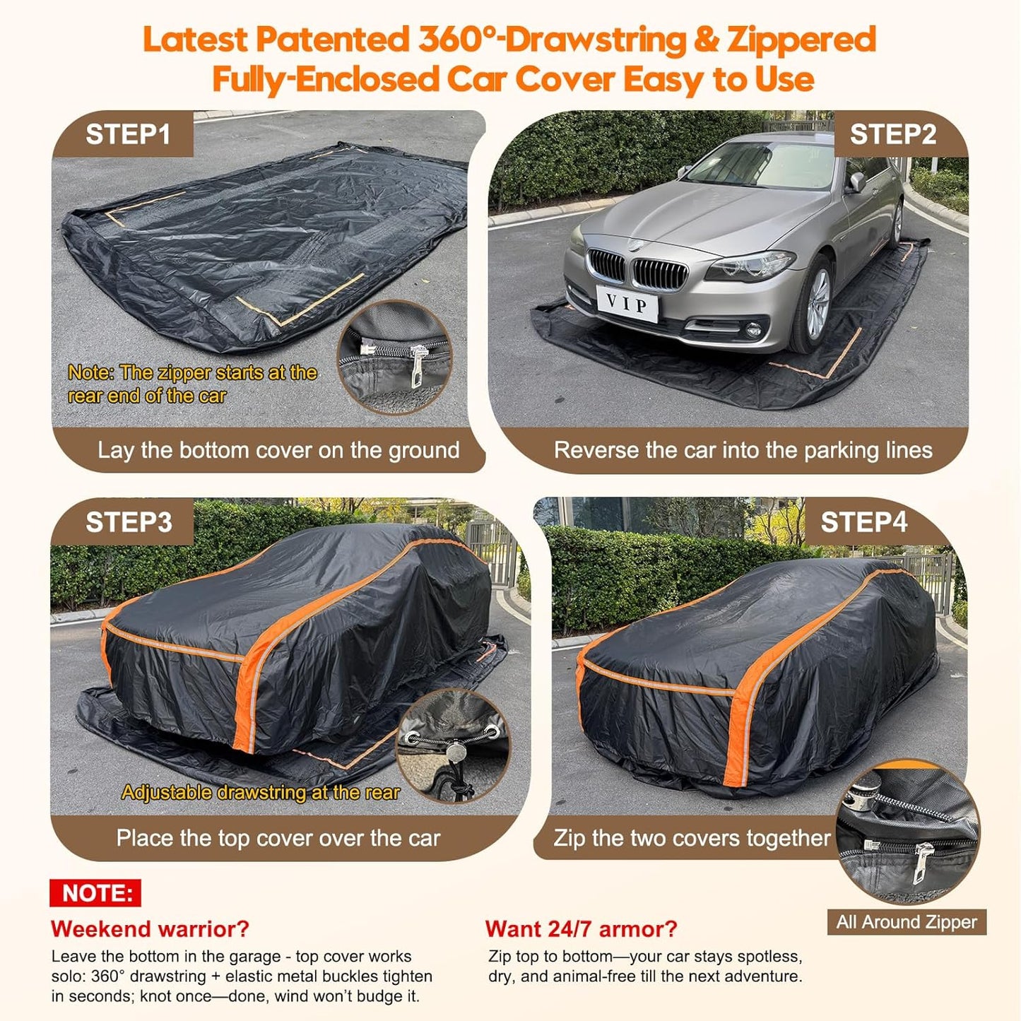 Patented Fully Enclosed Car Cover Waterproof All Weather 2-in-1 for Chevrolet/Chevy Corvette,Honda Civic,Toyota Corolla Automobiles Universal Fit Sedan/Coupe/Cabrio Length 178-185 Inch Exterior Covers