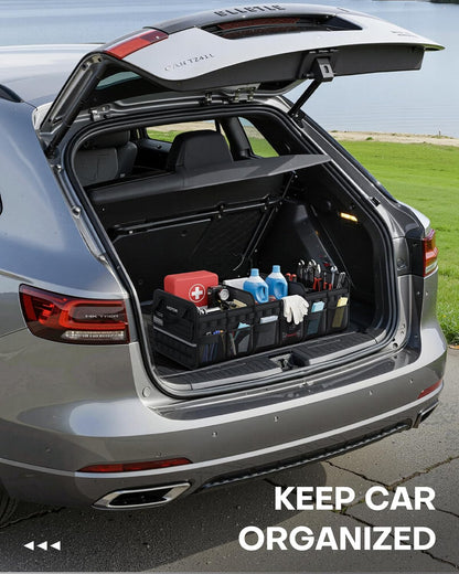 HOTOR Tactical Car Trunk Organizer - Foldable Trunk Organizer for SUV with Front MOLLE Pocket & Reflective Strips, Essential Car Accessories for Tools & Outdoor Storage, 12.8" x 21.7" x 11.0", Black
