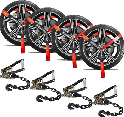 4 Pack Car Tie Down Straps for Trailers with Heavy Duty Chain Anchors 2" x 96" - 3,300 lbs Safe Working Load -Adjustable Wheel Straps with Chain Hook Anchors for Trailers.Orange