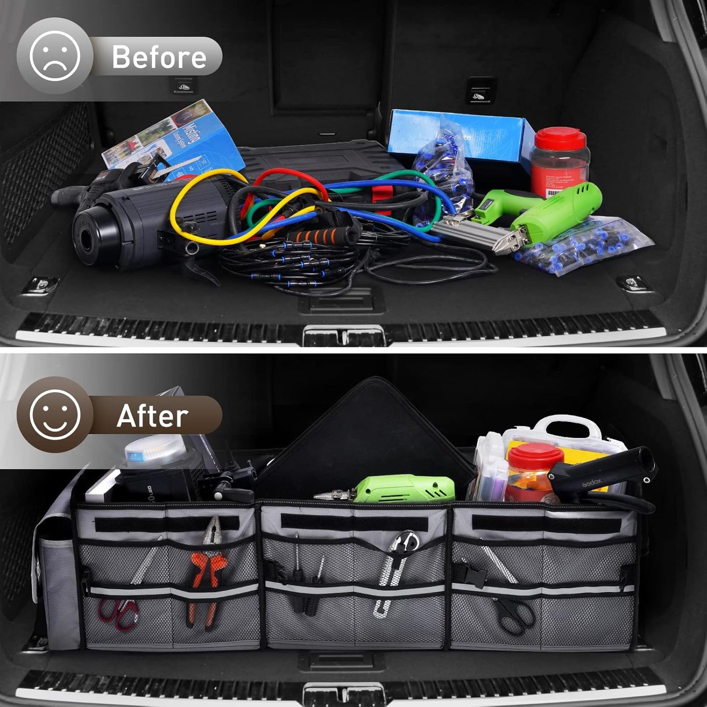 HIRALIY 4 in 1 Car Trunk Storage Organizer with Leakproof Cooler Bag, Multi-Compartment Foldable Trunk Storage Box for Car Truck SUV Black
