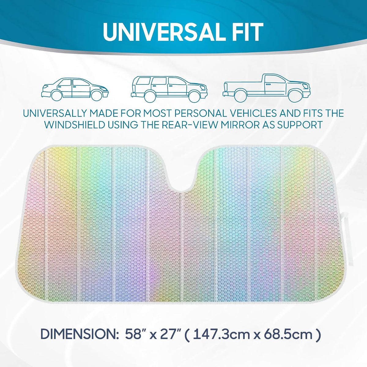 Iridescent Matte White Front Windshield Sunshade-Accordion Folding Auto Shade for Car Truck SUV-Blocks UV Rays Sun Visor Protector-Keeps Your Vehicle Cool- 58 x 27 in