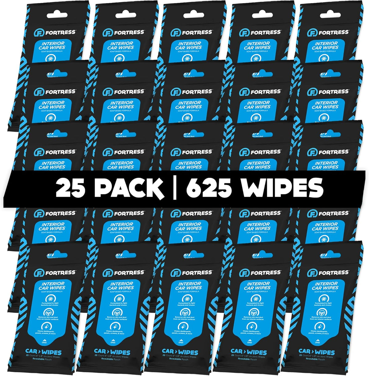 Fortress Car Interior Wipes (25 ct.) for Car Interior Cleaning, Dashboard, Seats, Detailing, and Steering Wheel [Travel Size] Skin-Safe Car Interior Cleaner Supplies