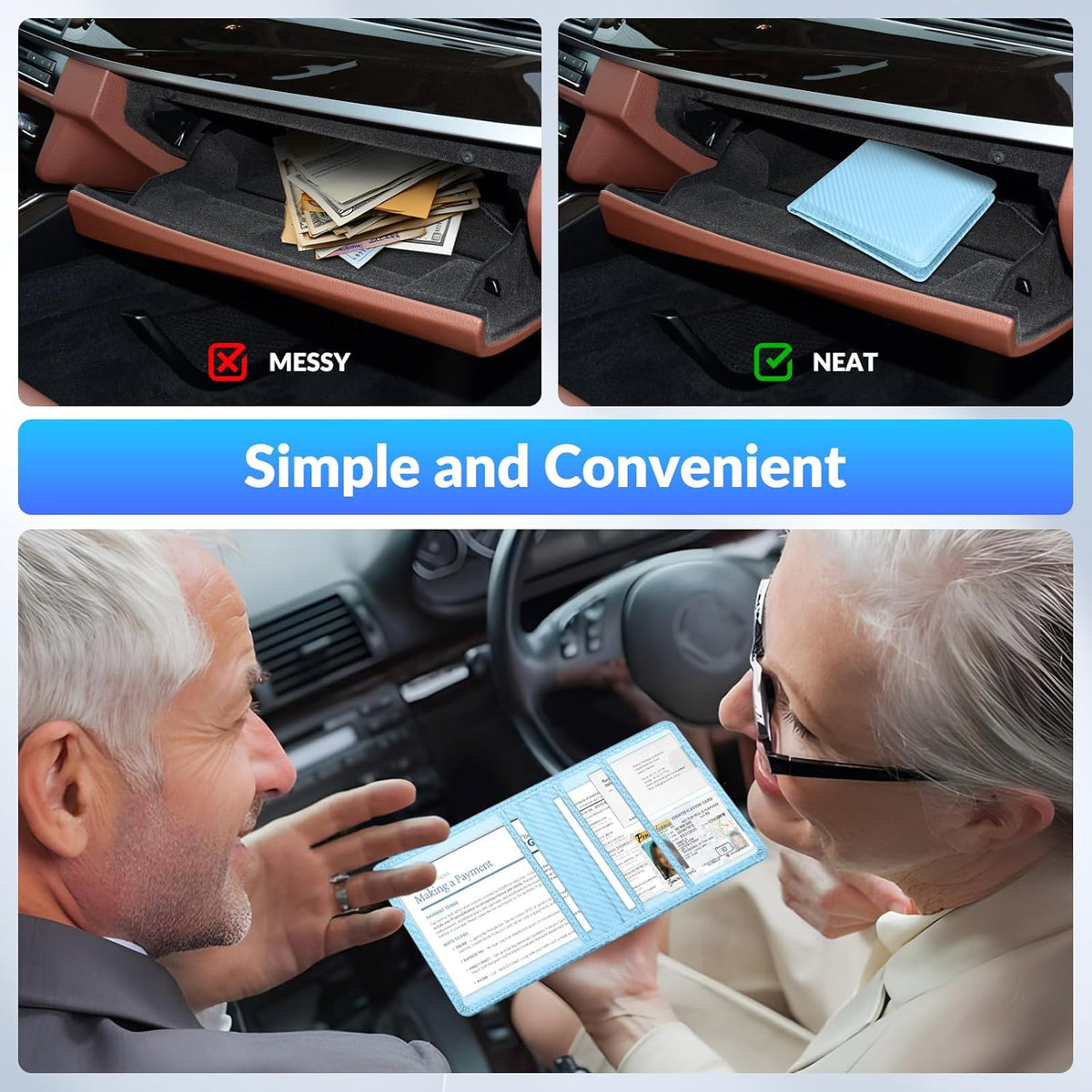 Car Registration and Insurance Card Holder，Vehicle Glove Box Car Organizer，Accessories Case for Storing Driving Licences, Cards, Documents