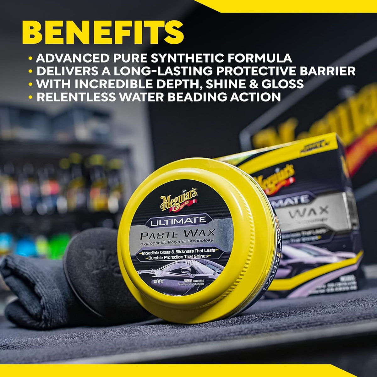 Meguiar's Ultimate Paste Wax, Premium Car Wax for a Deep Gloss with Lasting Protection, Easy to Apply and Remove, Clear Coat Safe, Microfiber Towel and Applicator Included, 8 Oz Paste