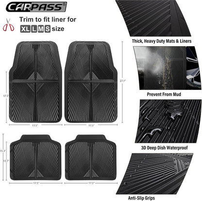CAR PASS Rubber Floor Mats, All Weather Waterproof Trim-to-Fit Automotive Mats for Cars Trucks SUV, Anti-Slip Easy Clean, Heavy Duty Full Set 3-Piece, All Black
