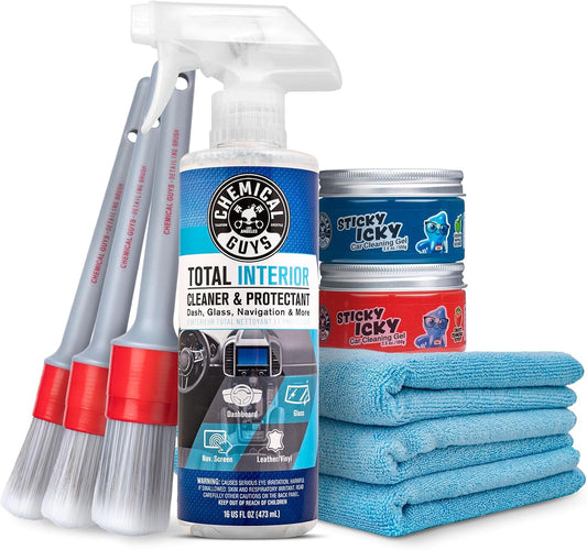 Chemical Guys Interior Cleaning Kit with Storage Bag Total Interior Cleaner Microfiber Towels Detailing Brushes and Sticky Gel Giftable Car Care Set - 10 Items