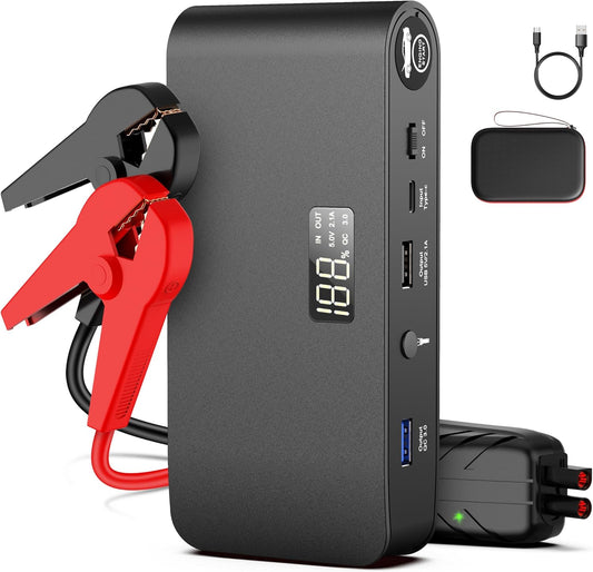 BOOKOO Car Battery Jump Starter 4000A,16000mAh Portable Battery Jumper Cables for Car 8L Gas 7L Diesel Engines,Jump Box with USB QC 3.0 PD 18W Fast Charging,3 LED Modes with SOS for Emergency Use