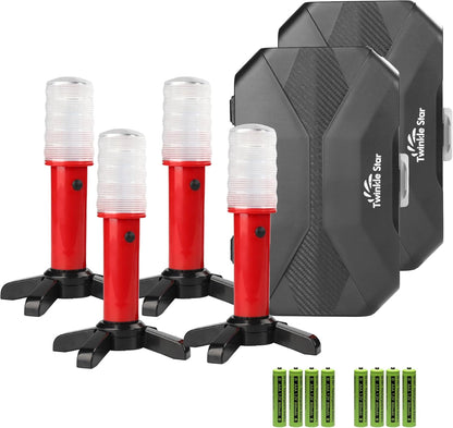 Twinkle Star LED Safety Strobe Road Warning Light, Set of 4 | Emergency Roadside Flares Kit, Highway Beacon Alert Flare, Magnetic Base, Detachable Stand, Solid Storage Case