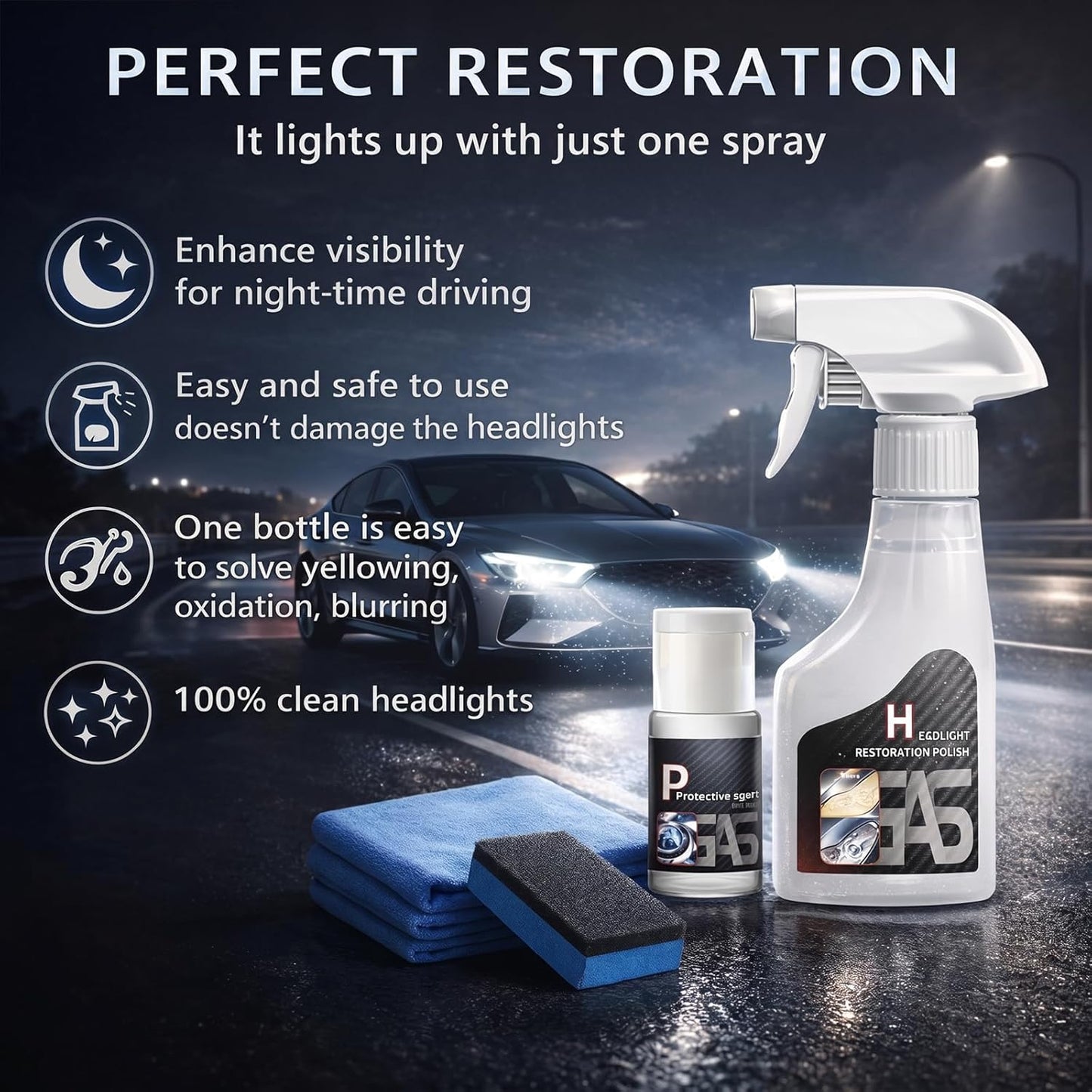 Headlight Restoration Kit Professional Ceramic Coating Headlight Cleaner for Used Car Renovation & Enhance Night Driving Safety for Families & DIY Beginners No Sanding UV Shield Lens Restorer