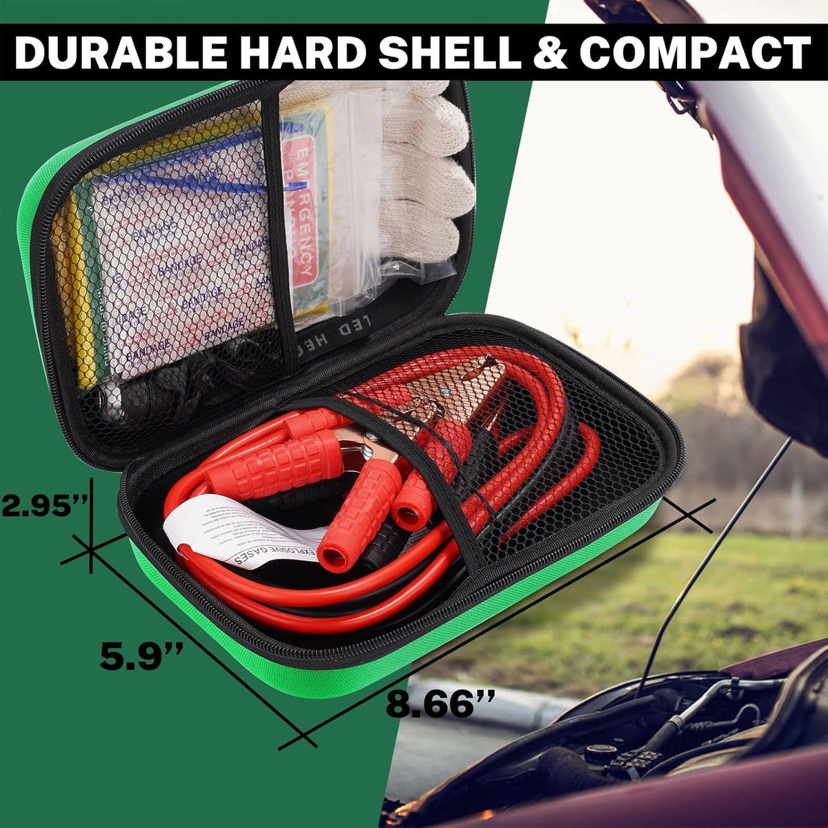 Car Roadside Emergency Kit with Battery Jumper Cables,Car Accessories for Men or Women,Automotive Safety Kit for Car,Vehicle, Truck or SUV,Gifts for Men or Him,Green