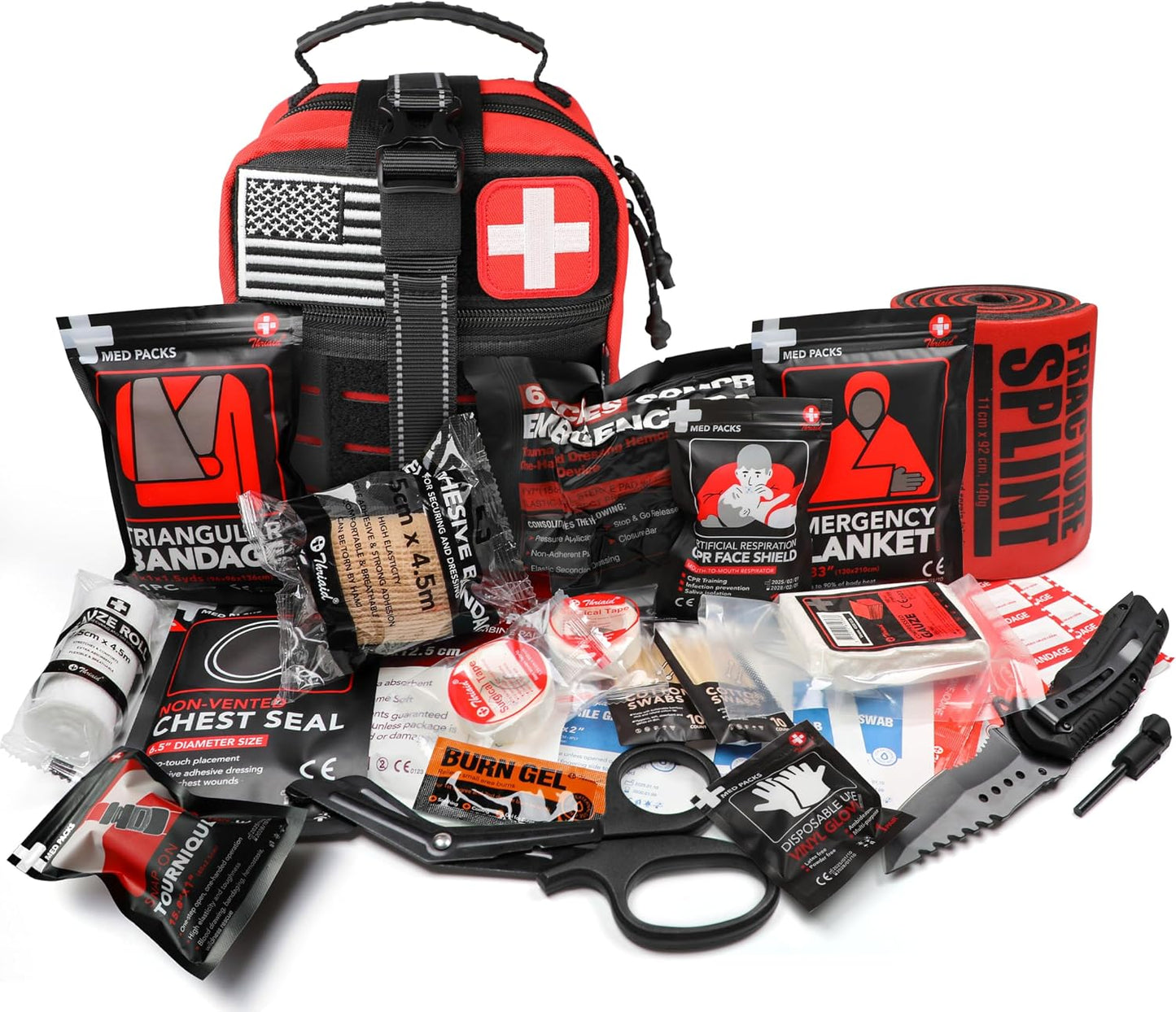 Survival First Aid Kit with Israeli Bandage, Chest Seal, Tourniquet, Splint, Tactical Military Combat Molle IFAK for Wound Care, Bleeding Control, Trauma Hemorrhage and More (Black)