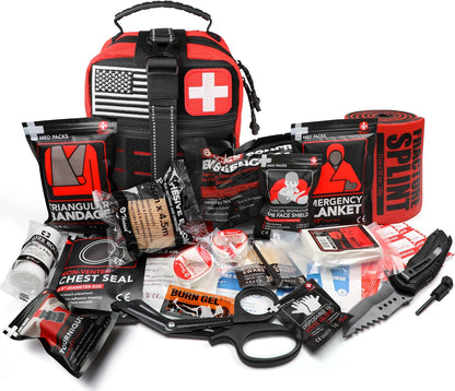 Survival First Aid Kit with Israeli Bandage, Chest Seal, Tourniquet, Splint, Tactical Military Combat Molle IFAK for Wound Care, Bleeding Control, Trauma Hemorrhage and More (Black)