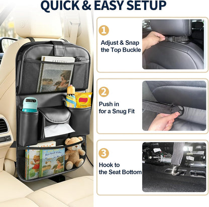 1 Pack Backseat Car Organizer with Foldable Tray Table, PU Leather Seat Back Organizer with Tablet Holder, Large Storage Pockets, Waterproof Kick Mat & Seat Back Protector for Cars, SUVs & Minivans
