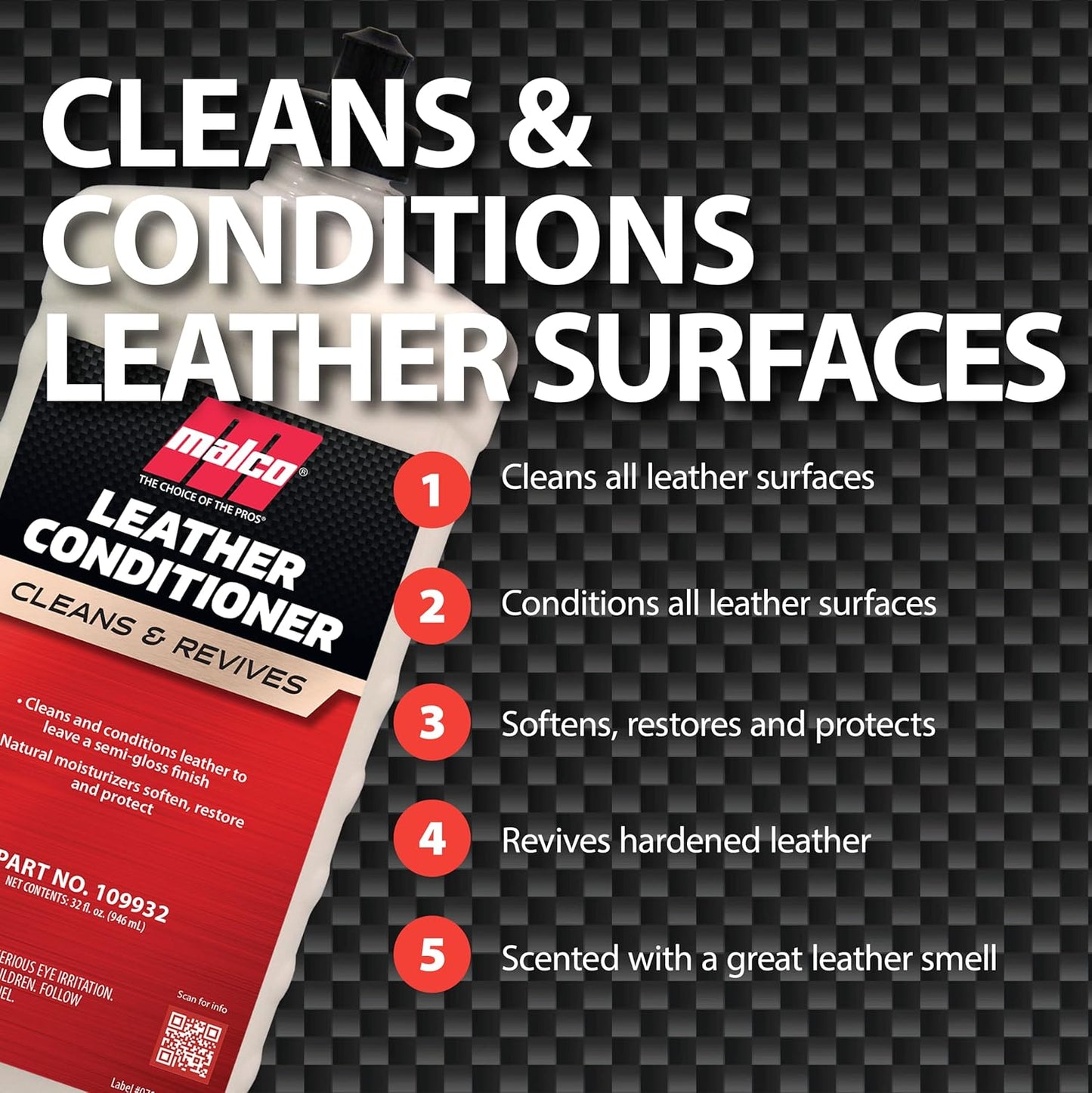 Malco Leather Conditioner for Cars - Cleans and Conditions Automotive Seats & Surfaces/Natural Moisturizers Soften, Restore and Protect Leather Interiors / 32 Oz (109932)