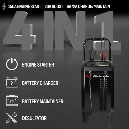 Schumacher Electric Wheeled Automatic 6A Car Battery Charger and 150A Engine Starter, 4-in-1 Solution, Maintainer, 20A Boost, for 12V Automotive and Marine Batteries, SC1364