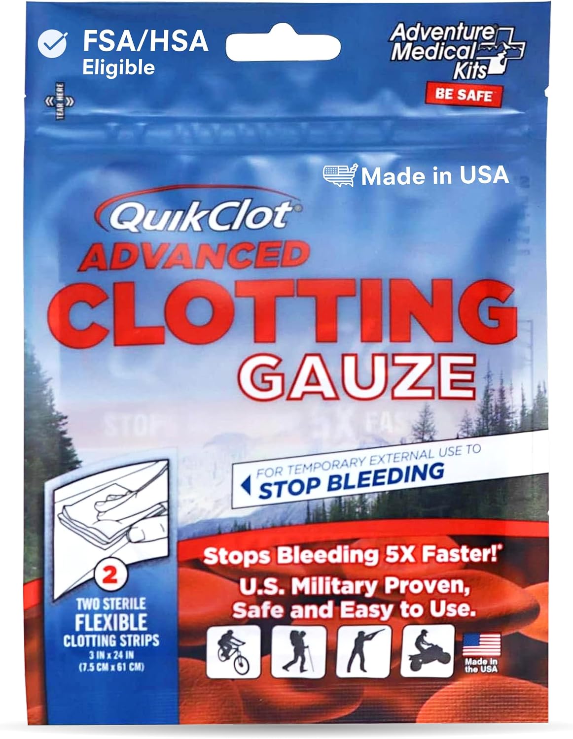 Adventure Medical Kits QuikClot Advanced Clotting Gauze - Stops Bleeding Up to 5X Faster Than Standard Gauze - Kaolin Hemostatic Dressing - for First Aid Kits & Survival Gear - 3 x 24