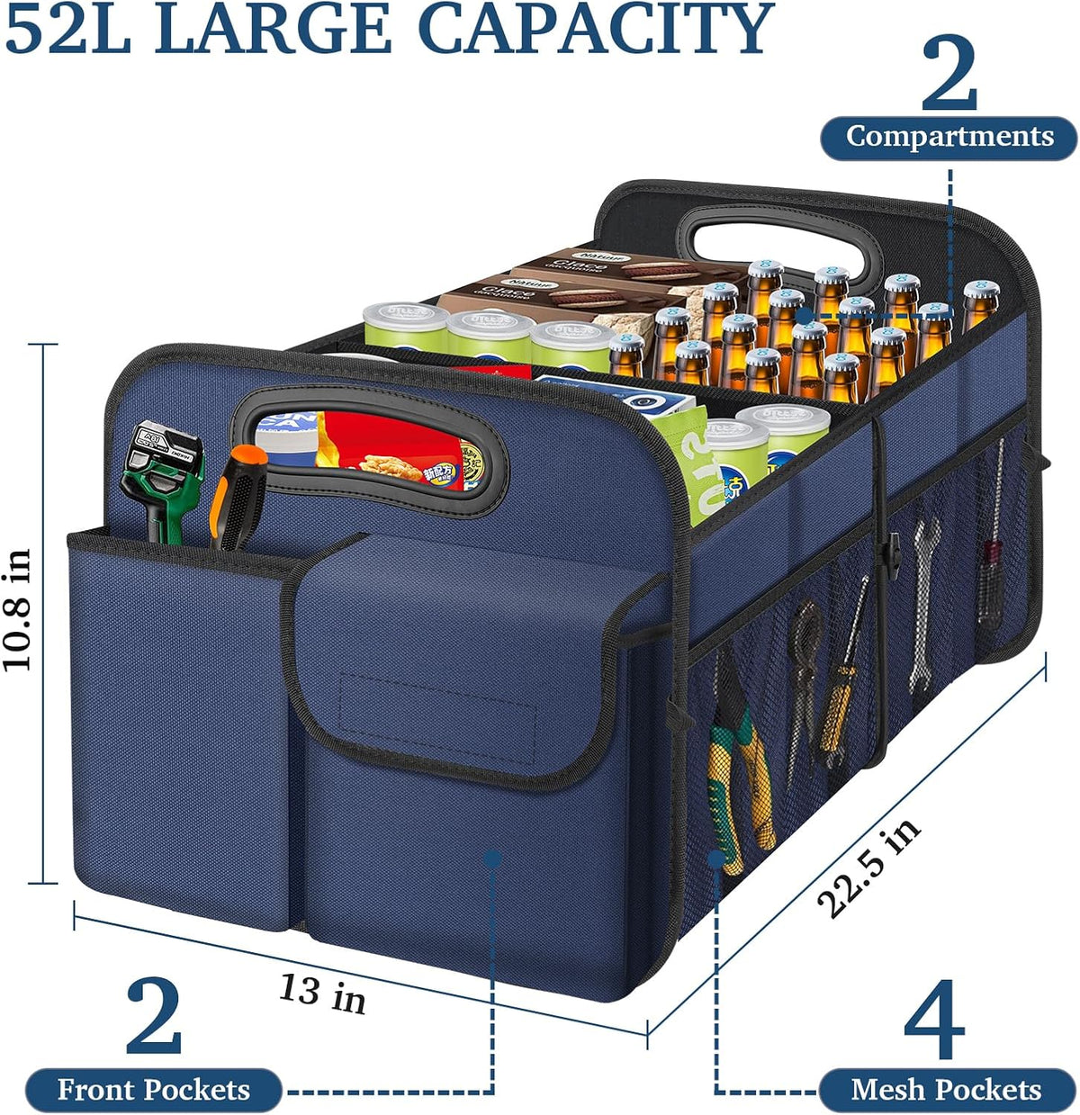 Femuar Car Trunk Organizer with Large Capacity Waterproof Car Accessories for Women & Men, Collapsible Trunk Organizer for Suv/Jeep/Sedan,Tools (Black, Standard)