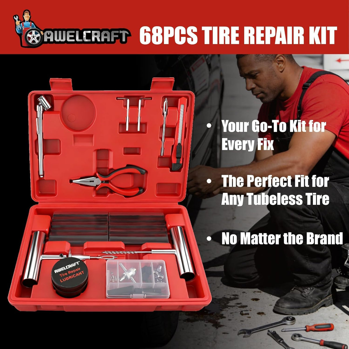 AWELCRAFT 10-Piece Economical Tire Repair Kit – Flat Tire Plug Kit with T-Handle Tools, Storage Case – Fix Punctures Fast, No Tire Removal Needed – Ideal for Car, Truck, Motorcycle, ATV