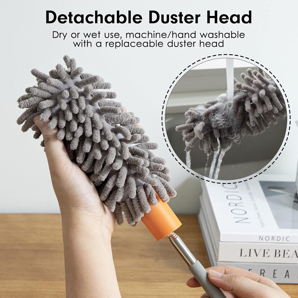 Microfiber Duster for Cleaning, Tukuos Hand Washable Dusters with 2pcs Replaceable Microfiber Head, Extendable Pole, Detachable Cleaning Supplies for Office, Car, Window, Furniture, Ceiling Fan